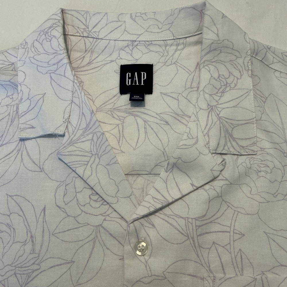 Gap Mens Size 2XL White/Purple Floral Cabana Camp Linen Blend Button Shirt NWT
